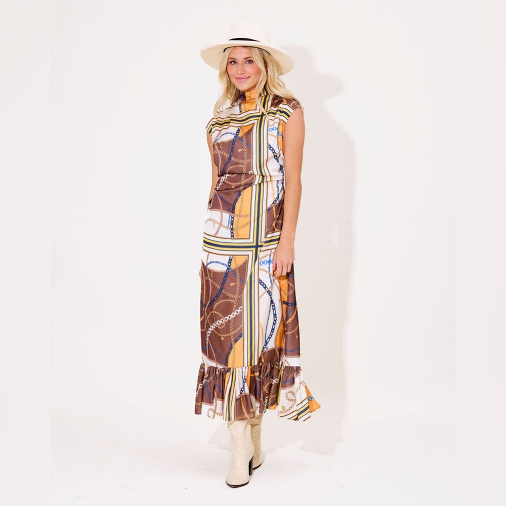 NWT Alden Adair Estelle Dress Equestrian Print Ruffle Hem Size XS